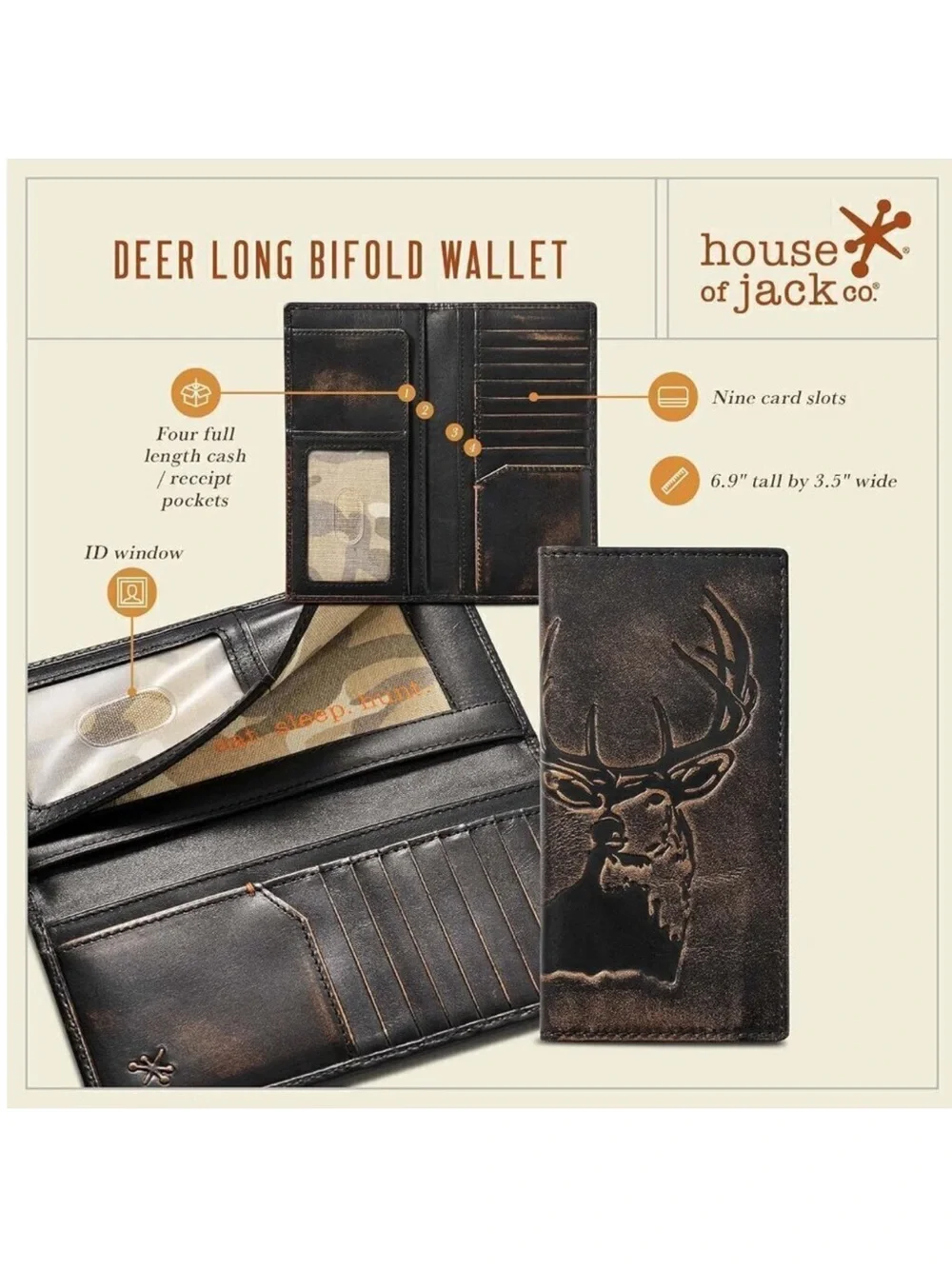 Men Black Co. DEER Long Wallet Full Grain Leather Long Bifold Wallet Hunter Gift